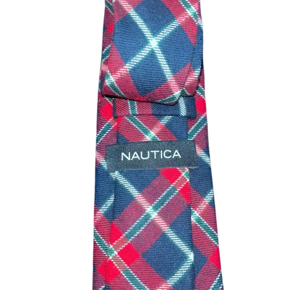 Nautica Men Tie Navy Red Green Plaid 100% Cotton Classic